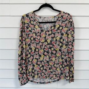 LOFT Black Floral V-Neck Blouse with Red and Yellow Accents